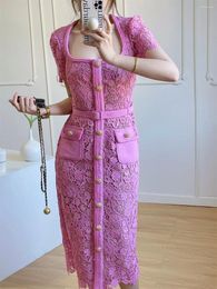 Party Dresses Women Square Collar Souble Flower Pink Lace Embroidery Metal Button Decoration Lady Straight Midi Dress