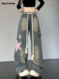 Women's Jeans Aotvotee Cargo Women Streetwear Denim Pants High Waisted Spliced Wide Leg Full Length Vintage Pockets Loose Trousers