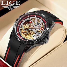 Wristwatches LIGE Design Mechanical Man Watch Hollow Luxury Watches Automatic Clock Tourbillon Self Winding Silicone Casual Sports