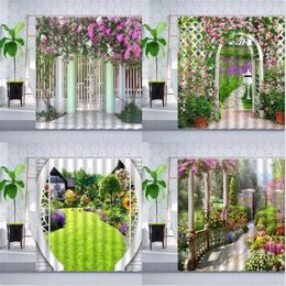 Shower Curtains Garden Scenery Curtain Courtyard Flower Fence Green Plant Purple Pink Floral Bathroom Polyester Hanging Set Hook