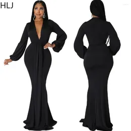 Casual Dresses HLJ Elegant Lady Deep V Bodycon Floor Dress Women Long Sleeve Ruched Slim Party Club Vestidos Fashion Solid Colour Clothing