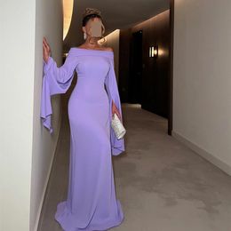 Elegant Long Crepe Lilac Pleated Evening Dresses With Sleeves Mermaid Bateau Neck Floor Length Zipper Back Prom Dresses for Women