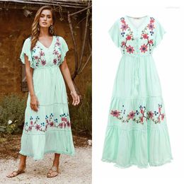 Party Dresses Exquisite Embroidery Flower Holiday Maxi Dress Bohemian Women V Neck Drawstring Waist Green Tassel Trimed Cotton Long Vestidos