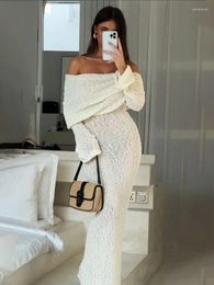 Casual Dresses Tossy Knit Hollow Out Off-Shoulder Maxi Dress Female Cover Up Loose Long Sleeve Holiday Beach Party Women Knitwear