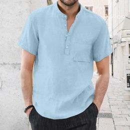 Men's Casual Shirts Breathable Men Shirt Solid Colour Summer With Stand Collar Chest Pocket Business Commute Style Top For