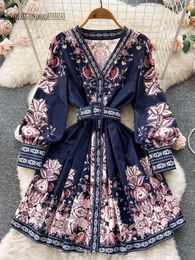 Dresses 2023 Casual Fashion Paisley Flower Dress Women's V Neck Long Lantern Sleeve Floral Print Buttons Down Sashes Short Mini Vestidos estidos