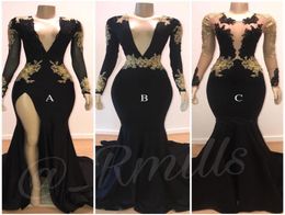 Black Sheer V Neck Prom Dresses Split Side High Mermaid Long Sleeves Black With Gold Lace Applique Evening Gowns Formals Wear Spec1355699