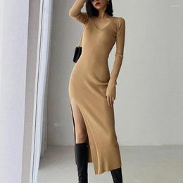 Casual Dresses Solid Colour Women Dress Elegant V Neck Maxi With Side Split Hem For Slim Fit Knitted Ankle Length Sheath