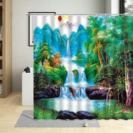 Shower Curtains Green Nature Stream Waterfall Landscape Waterproof Bathroom Decor With Hooks Curtain Polyester Multi Size