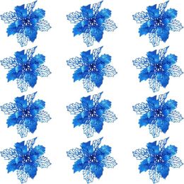 Decorative Flowers 12 Pieces Christmas Glitter Poinsettia Tree Ornaments Artificial For Wreath Decoraiton (Blue)