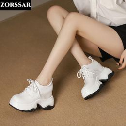 Casual Shoes 10cm Genuine Leather Women Chunky Sneakers Platform Wedge Hidden Heel Leisure Summer Sneaker