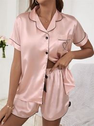 Home Clothing Women's Satin Pajama Set Summer Short Sleeved Heart-shaped Embroidered Button Shirt Shorts 2-piece Casual