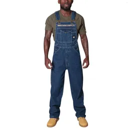 Men's Jeans Men Large Size Fall Fashion Casual Loose Bib Denim Pants Spring Summer Solid Color Button Waist Straight Rompers