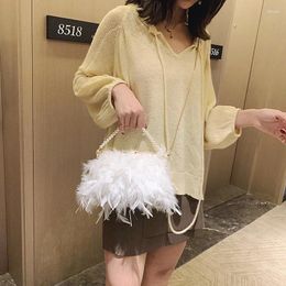 Drawstring Women's Shoulder Bag Turkey Feather Cross Ostrich Hair Clip Pearl Chain Dinner
