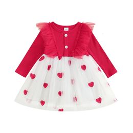 Kids Girl Long Sleeves Dress Casual Valentine s Day Heart Print ALine Tulle for Toddler Baby Spring Clothes 240326