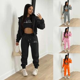 Women's Two Piece Pants Heartbeat Printed Velvet Sweater Hooded Tops And Solid Color Elastic Waist Loose Casual Sets Fashion Trousers Suit