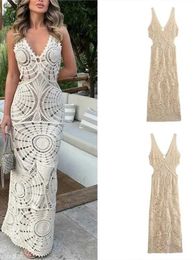Urban Sexy Dresses Hollow crochet womens V-neck sleeveless knitted dress ultra-thin womens perspective vest 2023 summer beach party Maxi Robe Y240402