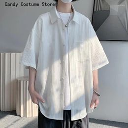 Men's Casual Shirts Summer Ice Men Silk Vertical Stripe Shirt Short Sleeve Lapel Blouse Top Loose Clothing Camisas