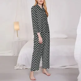 Home Clothing Geometry Print Sleepwear Autumn Black And White Line Casual Oversized Pyjama Sets Female Long Sleeves Cute Y2K Sleep Suit