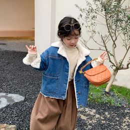 Jackets Thick Warm Kids Velvet Denim Coat 2024 Autumn Winter Girl Boy Turn-Down Collar Outerwear Korean Style Children Overcoat