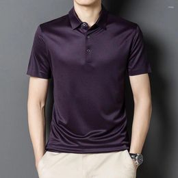 Men's Polos Minglu Mulberry Silk Purple Polo Shirts Summer Short Sleeve Solid Colour Male T-shirts Seamless Business Casual Man Tees