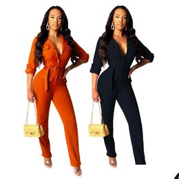 Womens Jumpsuits Rompers Spot Street 2021 European American Autumn And Winter Models Lapel Pocket Button Belt Cardigan Jumpsuit Drop D Dhwg7