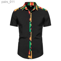 Men's Casual Shirts African Kente Print Shirt Short Sleeves Summer Mens 2023 Fashion Patchwork Button Turn Traditional Dashiki Casual Work Tops 240402