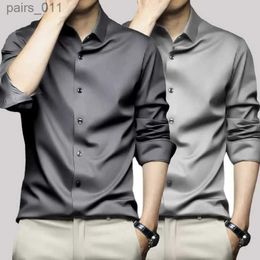 Men's Casual Shirts Mens gray shirt long sleeved non ironing business dress work dress slim fitting casual top extra large S-6XL 240402