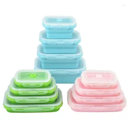 Dinnerware Rectangular Silicone Lunch Box Portable Bento Set Microwave Oven Folding