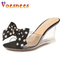 Butterfly-knot Low Heel Womens Bow Slippers Outdoor Summer Shoes Dress Wedges Transparent Woman Heels Pearl Heel Highs Sandals 240318