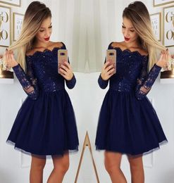 Navy Blue Long Sleeves Homecoming Dresses 2019 A Line Applique Juniors Sweet 15 Graduation Cocktail Party Gowns Plus Size Custom M3729053