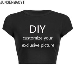 Your Exclusive DIY Print Pattern Customise Summer Short Sleeve O Neck Solid Colour Cropped Navel Women Crop Tops Fashion T-Shirt 240329