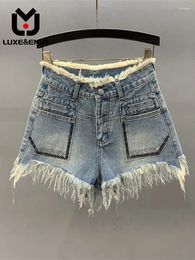 Women's Jeans LUXE&ENVY Tassel Edge Diamond Denim Shorts Women In Summer 2024 High Waisted Slim A-line Wide Leg Pants