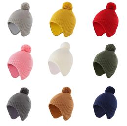 Connectyle Boys Girls Fashion Solid Color Winter Warm Hat Fleeced Lined Earflap Kids Beanie With PomPom 240311