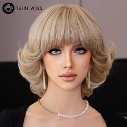 Wigs 7JHH WIGS Short Silvery Blonde Bob Wig with Bangs for Women Daily Party Synthetic Straight Light Brown Wigs Heat Resistant