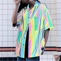 Mens Casual Shirts Drop Reflective Men Short Sleeve Shirt Street Hip Hop Punk Blouse Man Vintage Rainbow Clothing Delivery Apparel Dhesr