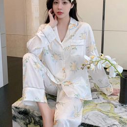 Home Clothing Female Pyjamas Set Lapel Long Sleeve Shirt Pants Pyjamas Lingerie Printed Satin Sleepwear Women Nightsuits Loungewear