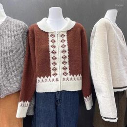 Women's Knits Casual Lazy Wind Autumn Winter Sweater Lapel Loose Pattern Printed Cardigan Retro Zipper Knit Coat