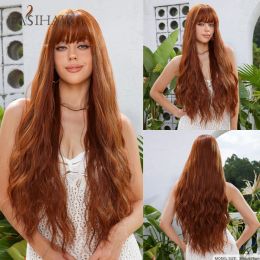 Wigs EASIHAIR Copper Ginger Orange Long Wavy Synthetic Wigs with Bangs for Women Daily Cosplay Party Natural Heat Resistant Fake Hair