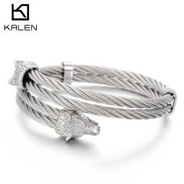 Bangles Kalen Nordic Viking Wolf Head Open Cuff Bangles Trend Punk Stainless Steel Men's Bracelet On Hand Pirate Accessories