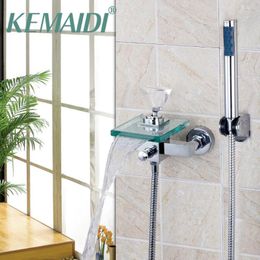 Bathroom Sink Faucets KEMAIDI Basin Faucet Single Handle Diamond Wall Mounted Waterfall Mixer Tap With Hand Shower Set