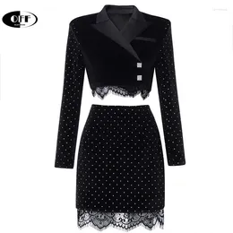 Work Dresses Suit Collar Rhinestones Velvet Stitching Lace Short Coat Two-Piece Set Ladies Style Hip Mini Skirt Fashion Party Suits