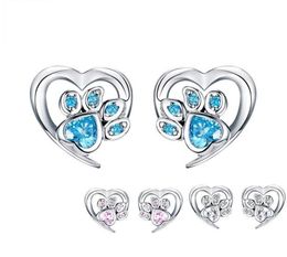 Blue Crystal Pet Paw Stud Earrings for Girl Heart Shape CZ Footprint Ear Studs Jewelry Women Design Bijoux SCE65432155082413497