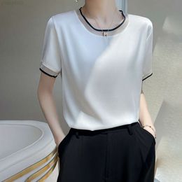 Summer New Satin Silk Round Neck T-shirt Womens Bottom Short Sleeve Thin Loose Solid Top {category}