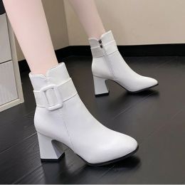 Boots White Black Thick High Heel Ankle Boots Women 2023 Pointed Toe Keep Warm Elegant Short Booties Ladies Ankle Decoration