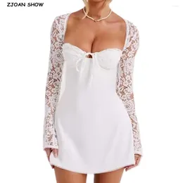 Casual Dresses Sexy White Spliced Lace Wire Chest Corset Style Mini Dress Women Full Sleeve Cross Bandage Lacing Up Back Bow Party Skater