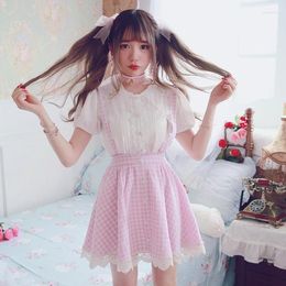 Skirts Princess Sweet Lolita Skirt BOBON21 Pink Cotton Plaid Suspender Bust Removable B1472