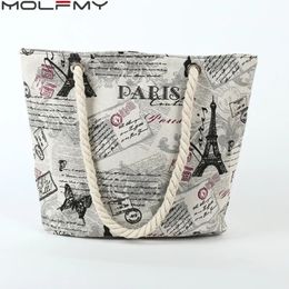 Ladies Canvas Handbag Large Capacity Paris Tower Printed Travel Shopping Bag Female Shoulder Crossbody Beach Tote Bags 240329