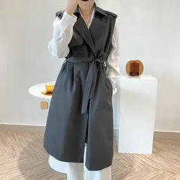 Women's Vests Elegant Mid-length Women Sleeveless Trench Coat Waistcoat With Belt Gray Black Khaki Spring Korean Double Breasted Female Vest