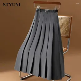 Skirts Gray Folds Vintage Chic Solid Casual High Waist A-line Loose Women's Skirt Korean Fashion Mid-Calf Long For Women 2024